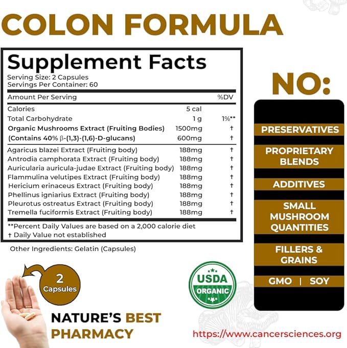 Cancer Sciences Colon Wellness Supplement, USDA Certified Organic Mushrooms Extract, Extra Strength 1,500 mg, High Potency 40% Beta-Glucans, Immune, Gut & Digestive, Colon Cleanse & Detox, 120 Caps