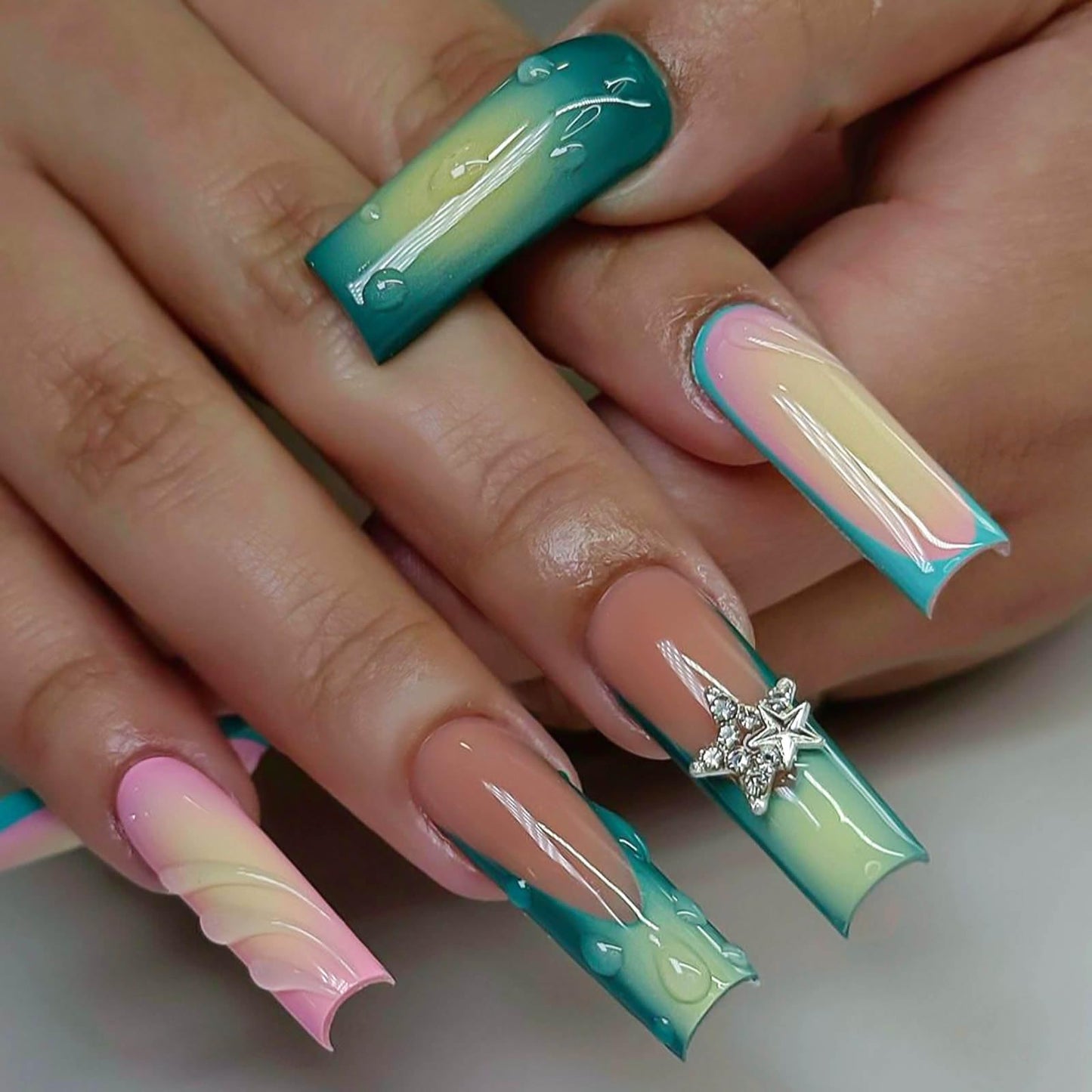 RUOKEXIN Long Square Press on Nails Green Ombre French Fake Nails Pink Ombre False Nails with 3D Star Designs Long Square Nail Press ons Sparkly Glue on Nails Cute Stick on Nails for Women 24Pcs