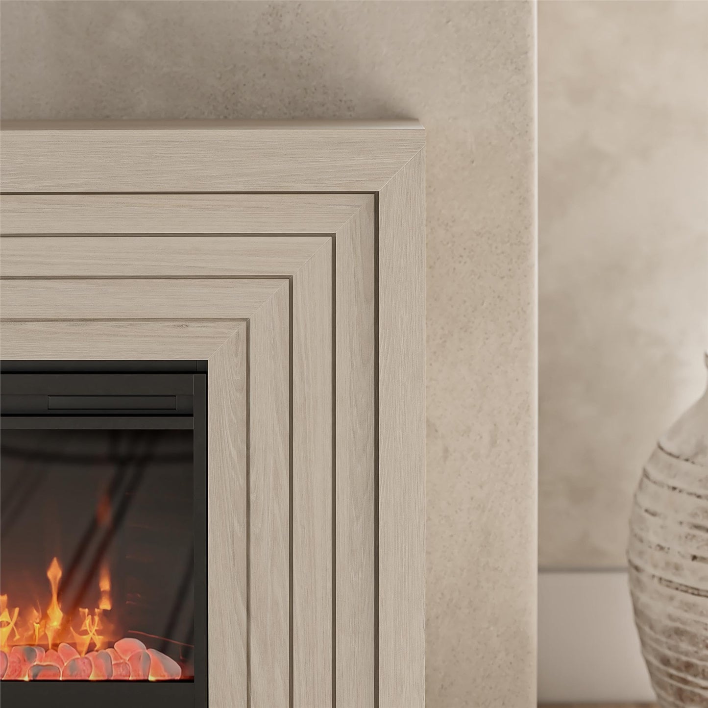 Novogratz Monroe Wide Mantel Stone and Crystal Electric Fireplace, White Oak