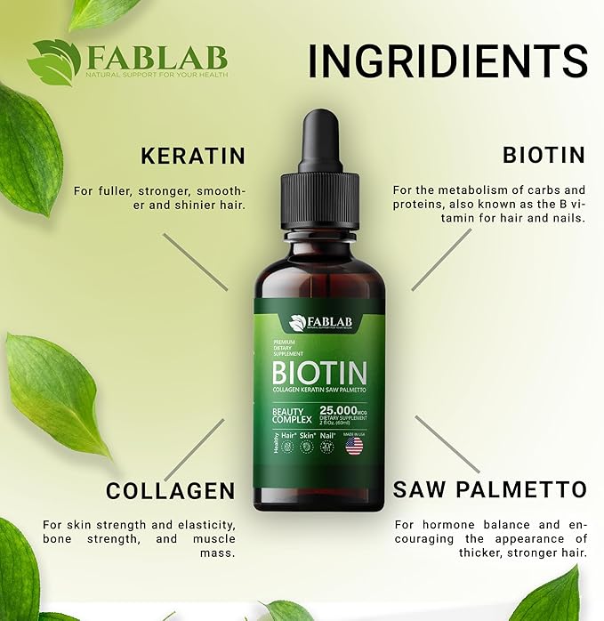 FabLab Biotin with Collagen, Keratin and Saw Palmett 25000msg Extract - Healthy Hair Skin & Nails for Adults, No Filler, No Stearate-Anti Aging Collagen Vitamins for Men & Women- 2 Fl Oz