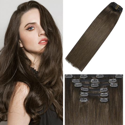 WindTouch Clip in Hair Extensions Real Human Hair #4 Chocolate Brown 12Inch 75g Human Hair Clip in Extensions Soft & Natural Straight Medium Brown Hair Extensions for Women