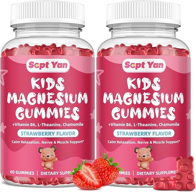 (2 Pack) Magnesium Gummies for Kids - Magnesium Citrate Supplement with Vitamin B6, L-theanine, Chamomile & Lemon Balm - Calm Magnesium for Kids & Adults Sleep, Relaxation - Strawberry,120 Gummies