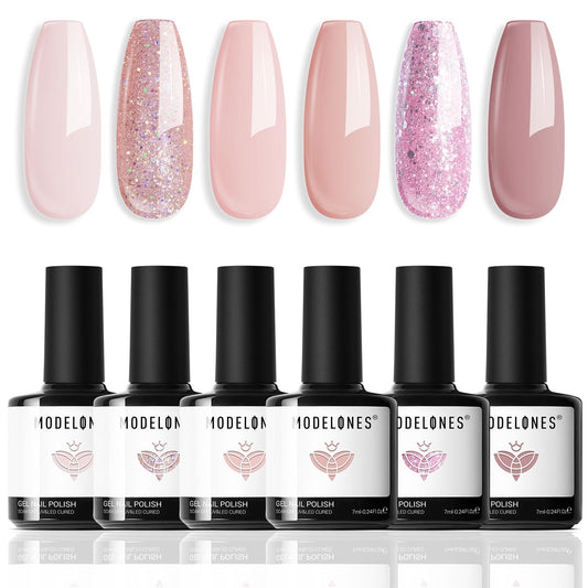 Modelones Gel Nail Polish, Nude Pink 6 Colors Gel Nail Polish Set Neutral Pink Glitter Nail Polish Gel Classic Nude Sheer Pink Gel Polish LED Nail Art Manicure Soak Off DIY Salon Gifts for Women Girls