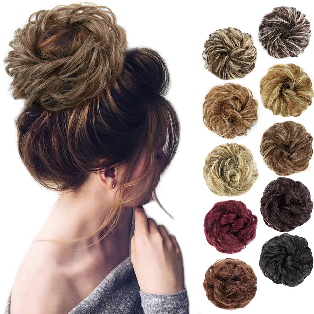 MORICA 1PCS Messy Hair Bun Hair Scrunchies Extension Curly Wavy Messy Bun Hair Synthetic Chignon Hairpieces for Women(12/24#(Light Golden Brown & Pale Golden Blonde Mixed))