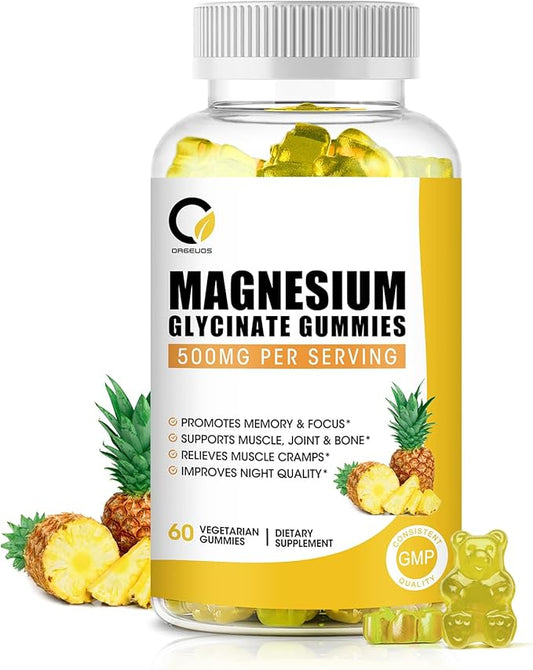 (1 Pack) Magnesium Glycinate Gummies, High-Absorption Magnesium Supplement with Calcium & Vitamins, Support Bone, Muscle, Night, Memory & Mood, Vegan, Non-GMO, 60 Counts, Pineapple Flavor
