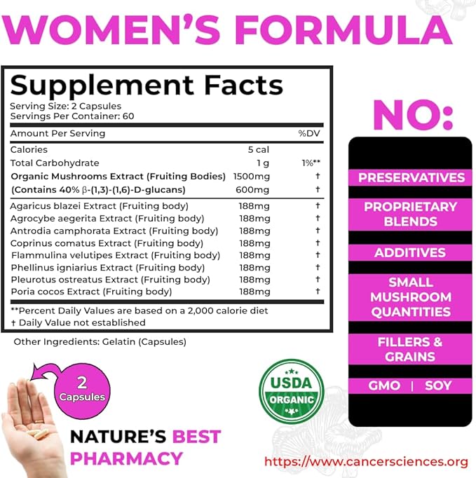 CANCER SCIENCES Women's Wellness Supplement, USDA Certified Organic Mushrooms Extract, Extra Strength 1,500 mg, High Potency 40% Beta-Glucans, Immune & Hormonal Support, Digestive Health, 120 Capsules