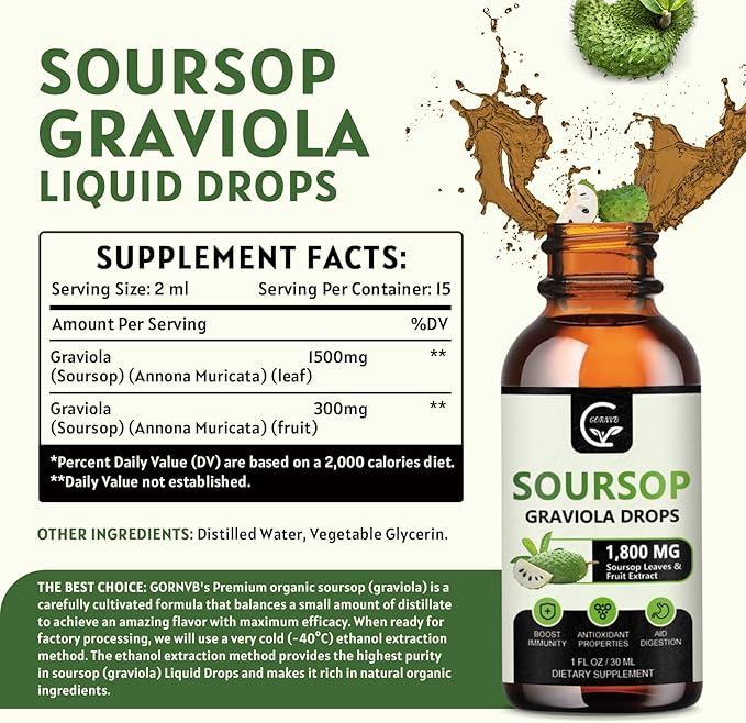 (2 Pack) Soursop Graviola Liquid Drops 1800mg, 98% Absorption Soursop Bitters Liquid for Cell Support & Regeneration, Immune Boost, Relax, Liver and Sleep, Herbal Goodness, Gluten Free, 1 Fl Oz