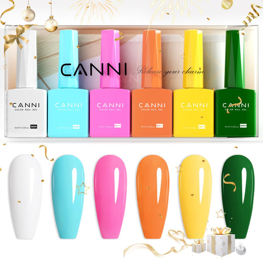 Canni 9Ml Hema-Free Gel Nail Polish Set- 6Pcs White Blue Orange Yellow Colors Gel Polish Kit, Soak Off Led Nail Gel Manicure Kit