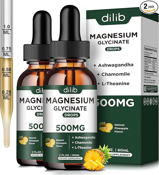 (2 Pack) Magnesium Glycinate Supplement, Magnesium Liquid Drops with Magnesium Glycinate 500mg Ashwagandha, L - Theanine, Chamomile -Supports Optimal Calm Sleep Vegan