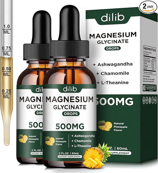 (2 Pack) Magnesium Glycinate Supplement, Magnesium Liquid Drops with Magnesium Glycinate 500mg Ashwagandha, L - Theanine, Chamomile -Supports Optimal Calm Sleep Vegan