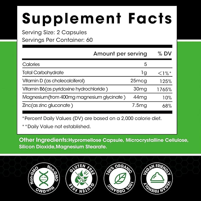 (2 Pack) Magnesium Glycinate Capsules, Magnesium Supplement 400 mg with Zinc,Vitamin D3 & B6 - Highly Bioavailable and Absorption - Bone,Heart,Joint,Immune Support - 120 Vegan Capsules for Women & Men