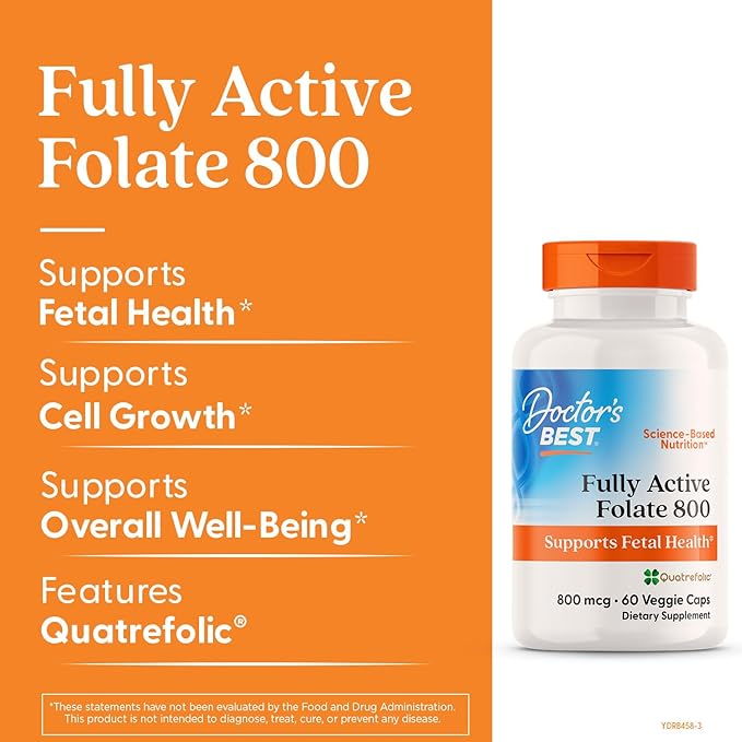 Doctors Best Fully Active Folate 800 with Quatrefolic, Supports Fetal Health, Non-GMO, Gluten Free, Vegan 60 Veggie Caps