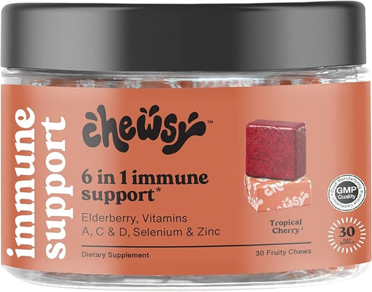 Chewsy 6-in-1 Immune Support Supplement Fruity Chews with Elderberry, Vitamin C, A & D, Zinc & Selenium - 30-Day Supply, Individually Wrapped Immunity Vitamins Chews for Adults and Kids (1)