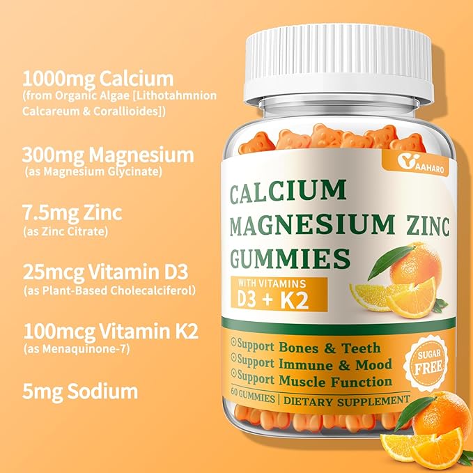 (2 Pack) Calcium Magnesium Zinc Gummies with Vitamin D3 & K2 - Sugar Free Calcium Gummies for Women and Men - Bone & Immune Support - Non-GMO, Gluten-Free, Orange Flavored - 120 Count