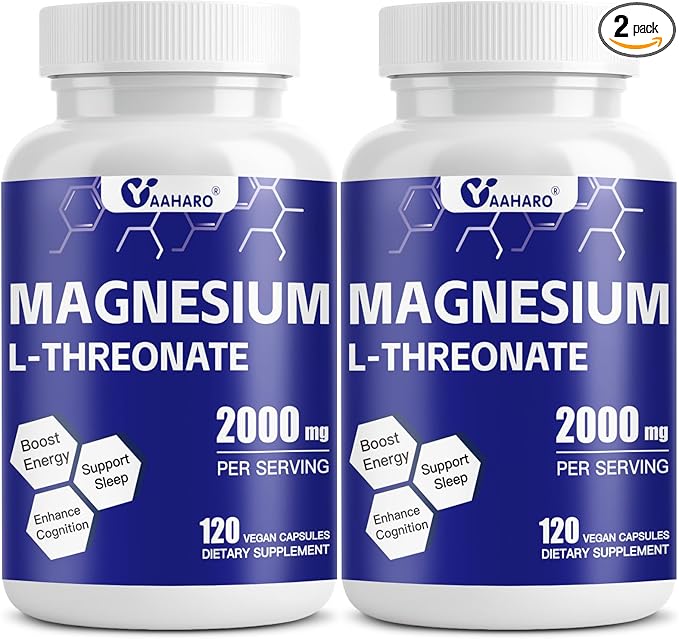 (2 Pack) Magnesium L-Threonate 120 Capsules - 2000 mg Magnesium Threonate - High Absorption Magnesium Supplements for Sleep, Cognition and Energy Support - Non-GMO, Gluten Free, Vegetarian