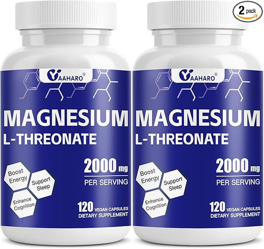 (2 Pack) Magnesium L-Threonate 120 Capsules - 2000 mg Magnesium Threonate - High Absorption Magnesium Supplements for Sleep, Cognition and Energy Support - Non-GMO, Gluten Free, Vegetarian