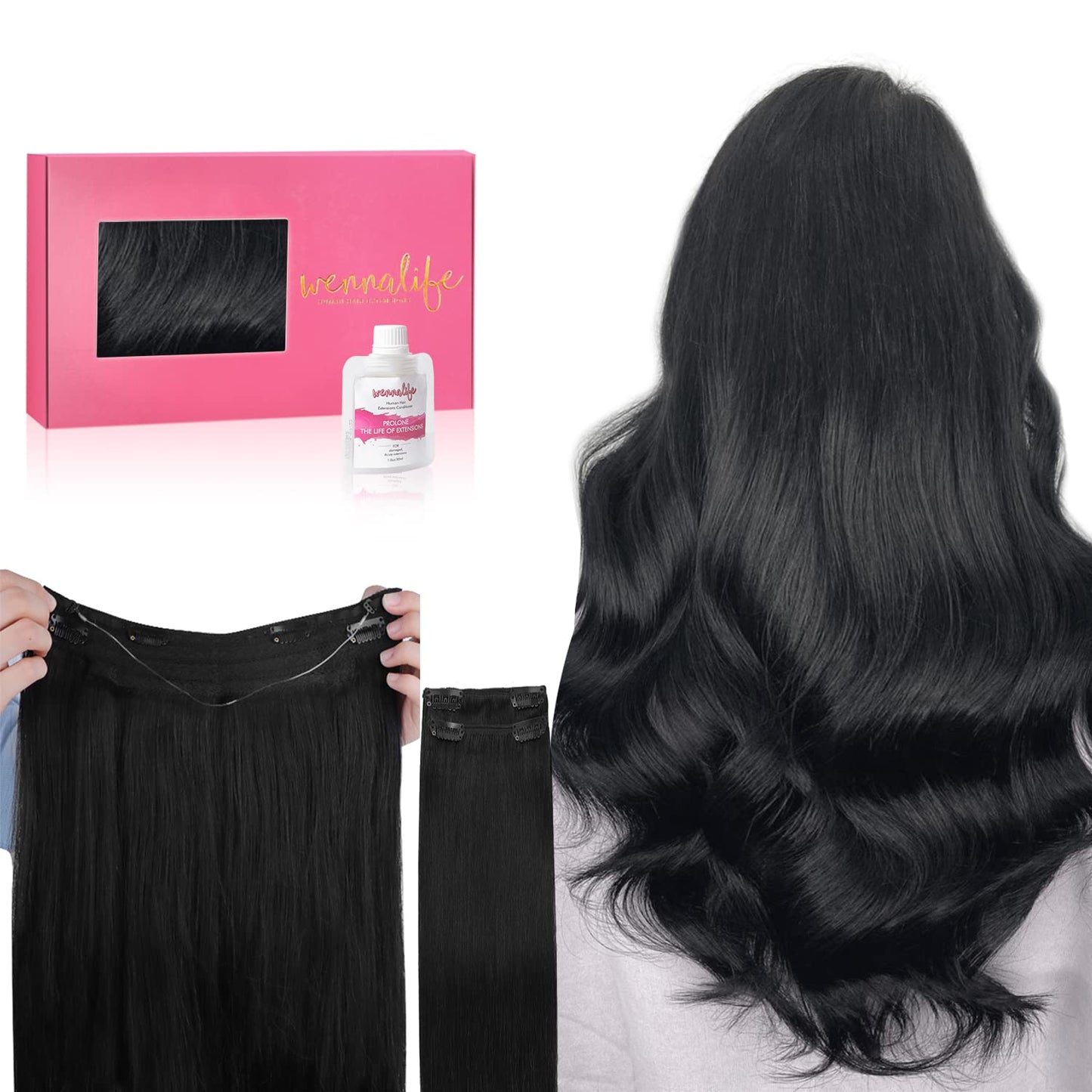 WENNALIFE Wire Hair Extensions (Increase 50% Lifespan) Real Human Hair 16 inch 125g Jet Black Remy Hair Invisible Transparent Wire Fish Line Straight Reusable Natural