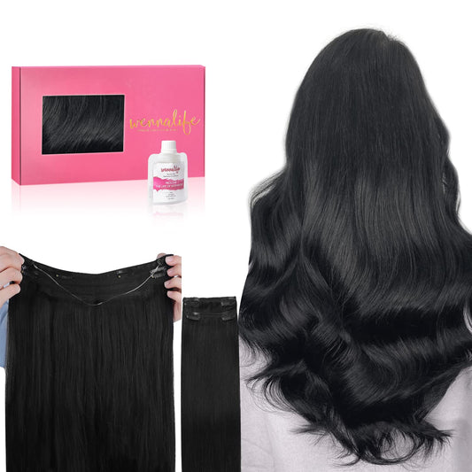 WENNALIFE Wire Hair Extensions (Increase 50% Lifespan) Real Human Hair 16 inch 125g Jet Black Remy Hair Invisible Transparent Wire Fish Line Straight Reusable Natural