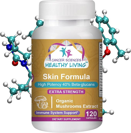 Cancer Sciences Skin Wellness Supplement, USDA Certified Organic Extract Mushrooms Supplement, Extra Strength 1,500 mg, High Potency 40% Beta-Glucans, Immune Support, Glowing Complexion, 120 Capsules