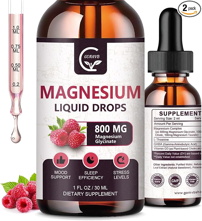 (2 Pack) Magnesium Glycinate Liquid Drops | 1000mg Liquid Magnesium Complex with D3, L-Thea & GABA for Energy, Sleep, Nerve and Heart Health, High Absorption, Raspberry Flavor