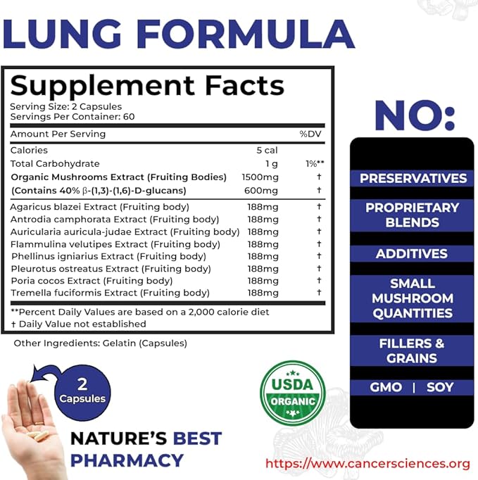 CANCER SCIENCES Lung Health & Wellness Supplement, USDA Certified Organic Mushrooms Extract, 1,500 mg Extra Strength, High Potency 40% Beta-Glucans, Immune Support, Healthy Lungs Booster, 120 Capsules