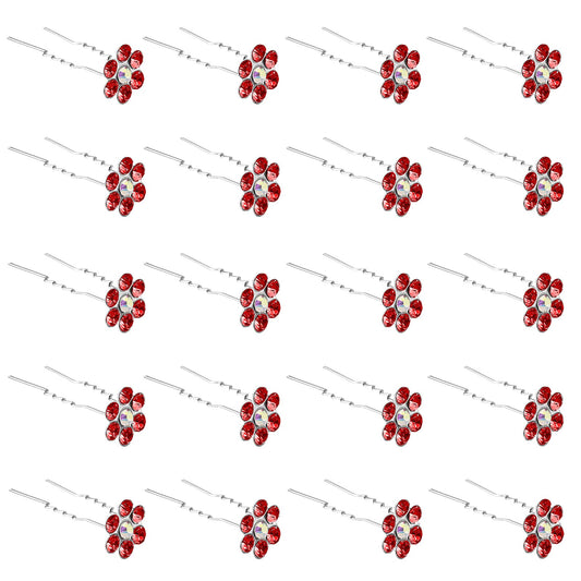 QIUTIMIY 20 Pack (Red) Crystal Flower Hair Pins Rhinestone Hair Clips for Bridal Wedding Women Hair Jewelry Accessories, with Clear Container