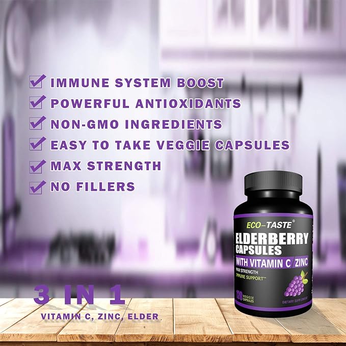 ECO-TASTE Elderberry Capsules with Zinc & Vitamin C - 120 Capsules, Sambucus Elderberries for Immune Support, Skin Health - Veggie Caps