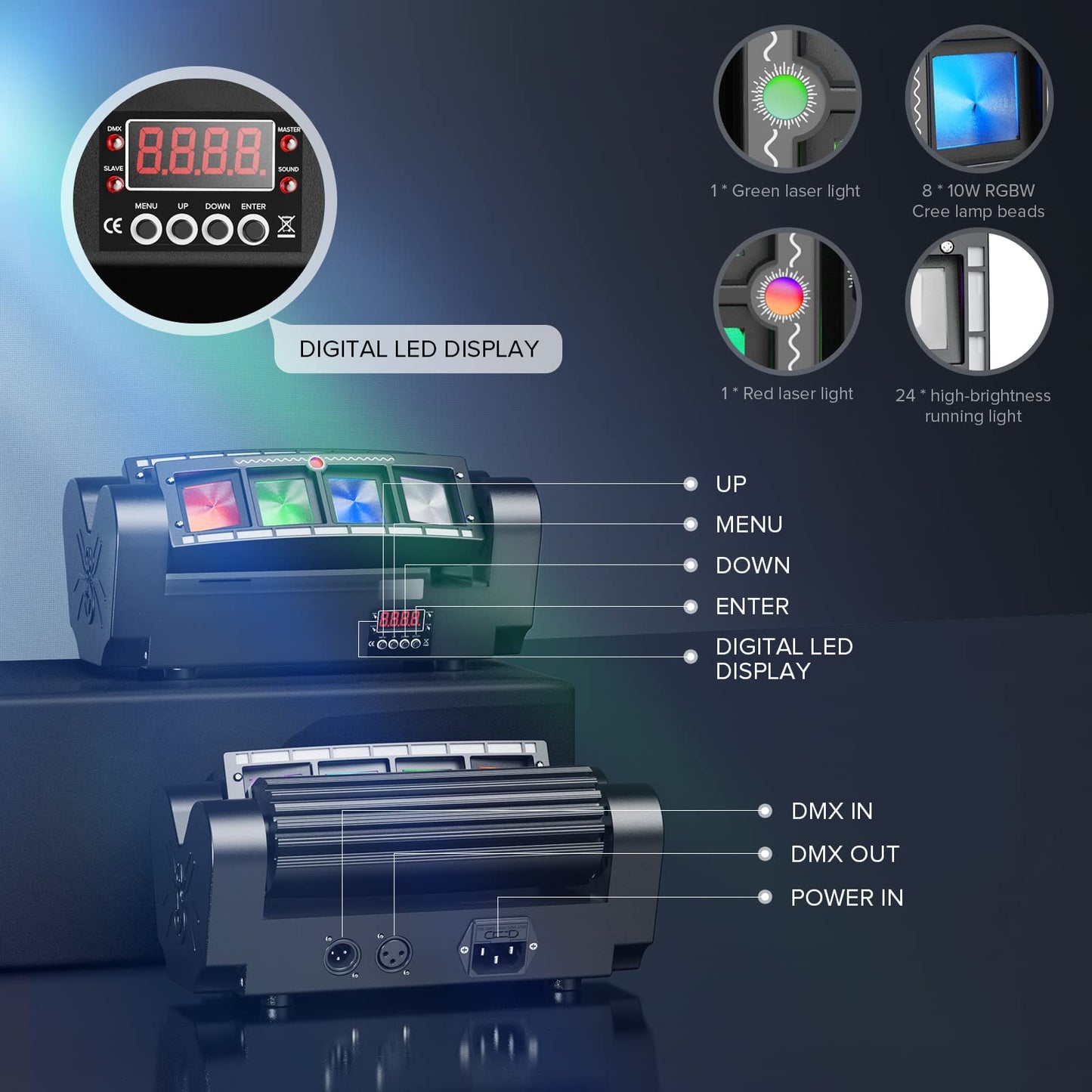U`King Spider Moving Head Light 8x10W RGBW LEDs Beam DJ Lights and 2 Pixel Light & Laser Lights, Sound Activated/DMX-512 Control Party Disco Wedding Live Stage Lighting, 3 in 1 New Version