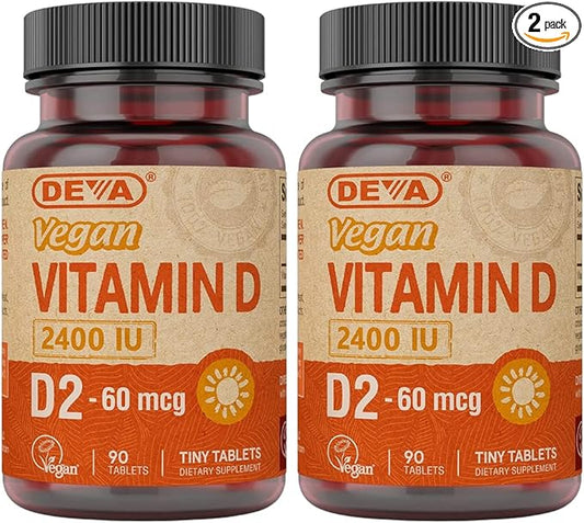 DEVA Vegan Vitamin D2 60 mcg 2400 IU, Ergocalciferol Supplement with No Animal Ingredients, 90 Tablets (Pack of 2)