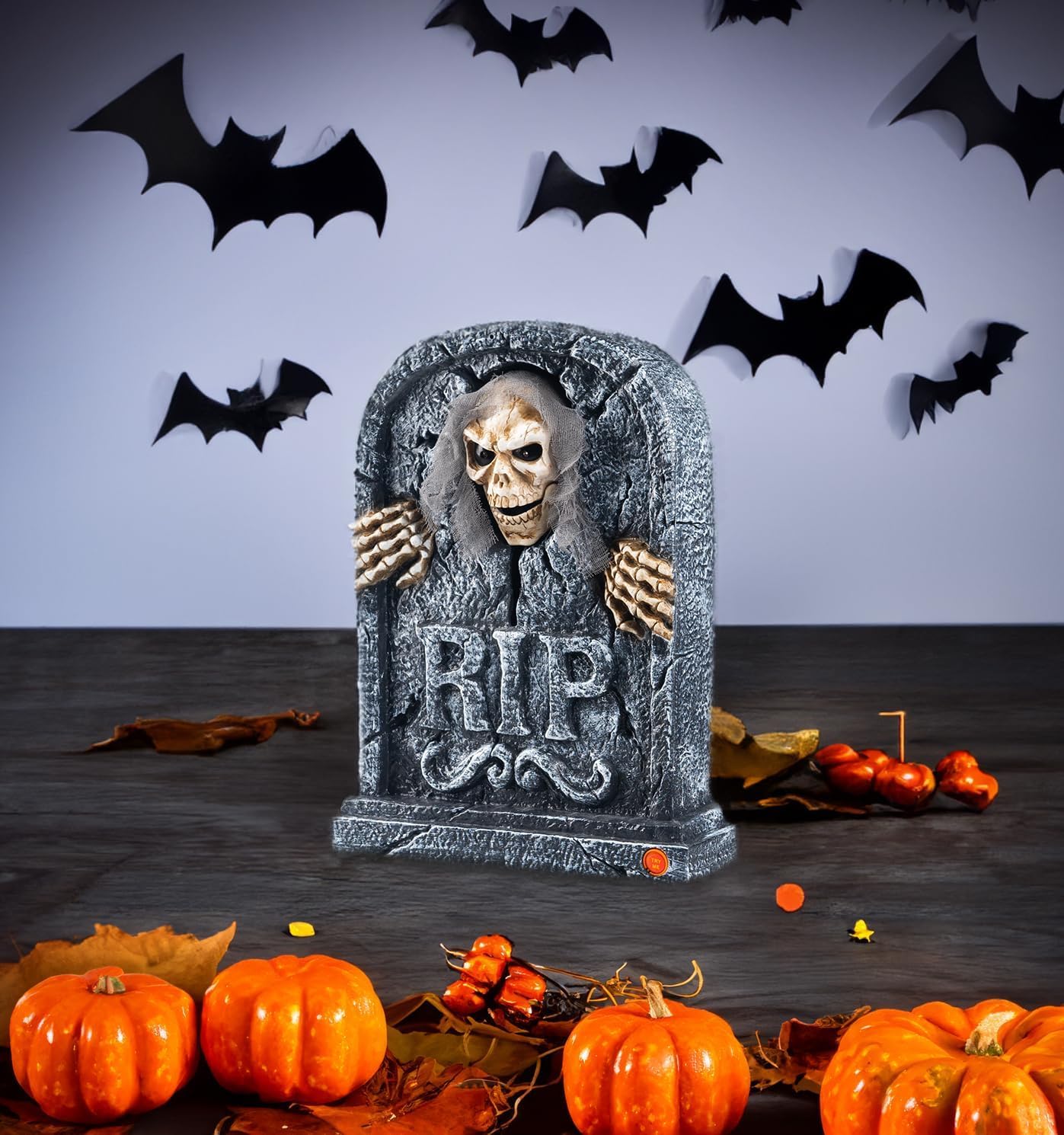 Candieslife Halloween Animatronics Zombie Tombstone - LED Gravestone Decorations with Skeleton Skull, Light Up Eyes, Motion Activated, Creepy Voice, Scary Motion Haunted Horror Prop for Indoor/Outdoor