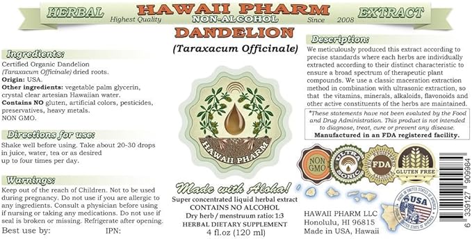 Dandelion Alcohol-Free Liquid Extract, Organic Dandelion (Taraxacum Officinale) Dried Leaf Glycerite Hawaii Pharm Natural Herbal Supplement 4 oz