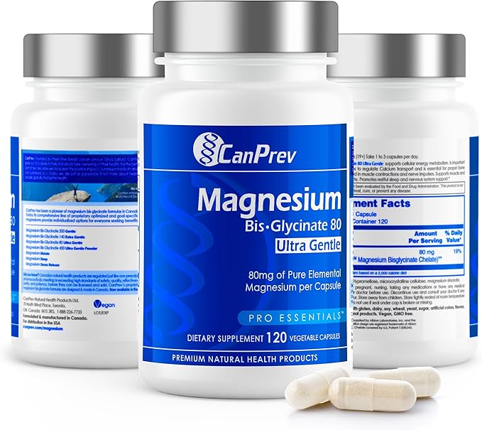 CanPrev Magnesium Biglycinate Chelated 80mg Ultra Gentle 120 V-Caps 120-Day Supply - Support Muscle Function, Bone Strength & Relaxation, Pure Magnesium Bisglycinate Formula, Promote Comfort & Balance
