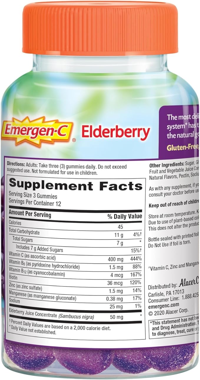 Emergen-C Elderberry Gummies, Elderberry Immune Support Natural Flavors with High Potency Vitamin C, 36 Count