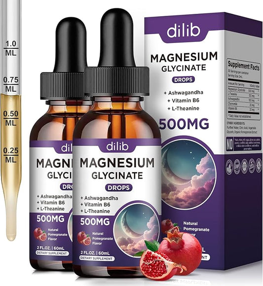 (2 Pack) Magnesium Glycinate Liquid Drops 500mg, with Vitamin B6, Ashwagandha, L - Theanine, Chamomile, Magnesium Glycinate Supplement High Absorption for Sleep, Stress, Energy - Pomegranate Flavor