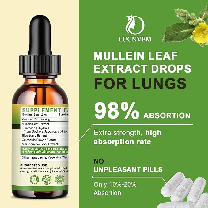 (2 Pack) 98% Absorption Mullein Drops for Lungs, Powerful 5 in 1 Mullein Leaf Herbal Blend Extract, Natural Lungs Support Supplement for Lungs Cleanse & Detox and Respiratory Lung Health