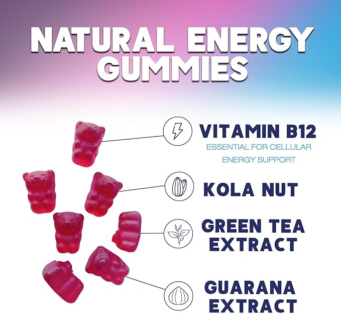 Energy Gummies Vitamin B12 1000 mcg, Green Tea Natural Caffeine Support, Extra Strength Daily Energy Vitamins, Delicious Berry Flavor Gluten Free Chewable Supplement for Cycling & Running - 60 Chews