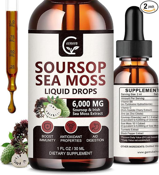 (2 Pack) Soursop Graviola Liquid Drop, Soursop Bitters Multivitamin Liquid with Sea Moss & Turmeric, 98% Absorption for Cell Support & Regeneration, Immune Boost and Liver, 1 Fl Oz