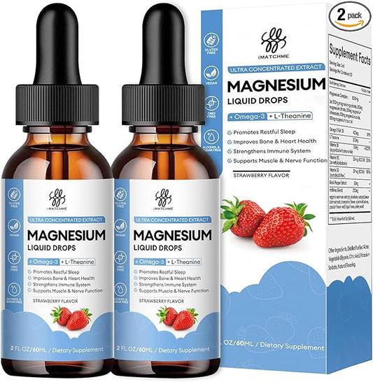 (2 Pack) Magnesium Glycinate Liquid Drop with Citrate, Oxide and Taurate, Calm Magnesium with Omega3, L-Theanine, D3, B6, B12 for Calm, Sleep, Leg Cramps, Muscles, Energy, Sugar-Free Strawberry Flavor