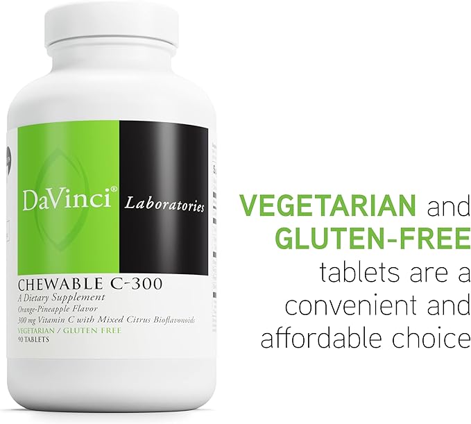 DaVinci Labs Chewable C-300 - Supplement to Support Immune Health, Cholesterol and Collagen Production - With Vitamin C, Pectin and More - Gluten-Free - Orange Pineapple Flavor - 90 Vegetarian Tablets