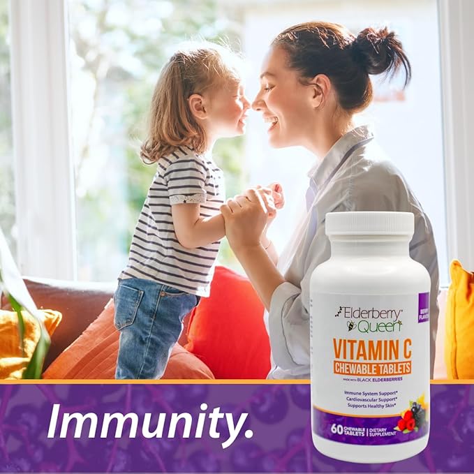 Elderberry Queen Chewable Vitamin C 500mg - Immune Boost & Antioxidant Support Tablets with Vitamin A, E & Organic Echinacea, Elder Fruit, Acerola - Natural Dietary Supplement, 60 Count