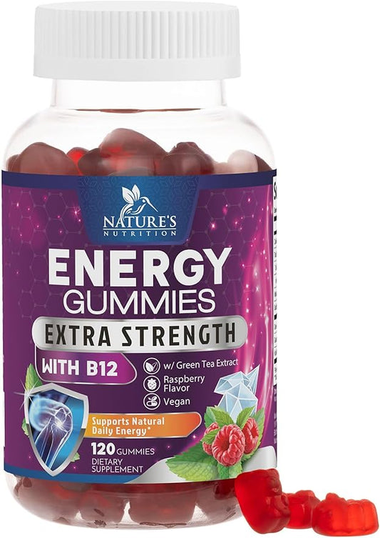 Energy Gummies Vitamin B12 1000 mcg, Green Tea Natural Caffeine Support, Extra Strength Daily Energy Vitamins, Delicious Berry Flavor Gluten Free Chewable Supplement for Cycling & Running - 120 Chews
