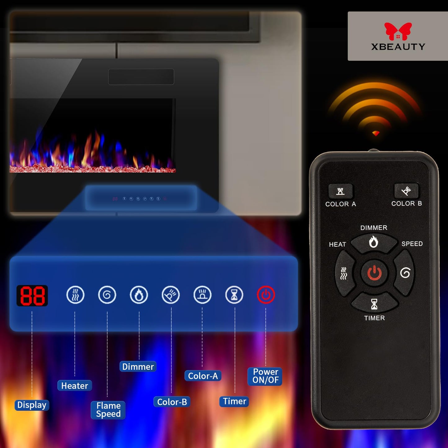 50" Electric Fireplace in-Wall Recessed and Wall Mounted 1500W Fireplace Heater and Linear Fireplace with Timer/Multicolor Flames/Touch Screen/Remote Control (Black)