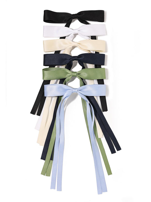 LFOUVRE Tassel Hair Bow Clips for Women - 6pcs Ribbon Barrettes With Metal Claw Clips and Bowknots - Hair Accessories for Girls and Teens