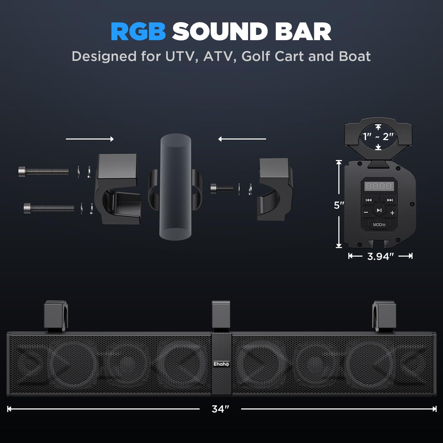 Ehaho 34 Inch UTV Sound Bar, ATV SoundBar Bluetooth with RGB Lighting, IP66 Waterproof Golf Cart Sound Bar, Amplified Powersports SXS SoundBar, UTV Speakers Compatible with Polaris RZR Can-Am