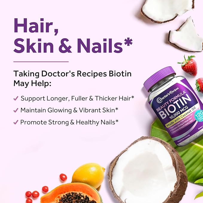 Doctor's Recipes Biotin 10,000 mcg, Hair Growth, Healthy Skin & Nails, Energy Metabolism, Vegetarian-Friendly Biotin, with Coconut Oil, Non-GMO, 4 Month Supply, 120 Vegetarian Softgels