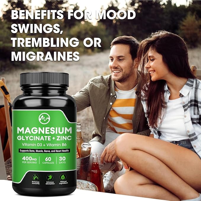 (2 Pack) Magnesium Glycinate Capsules, Magnesium Supplement 400 mg with Zinc,Vitamin D3 & B6 - Highly Bioavailable and Absorption - Bone,Heart,Joint,Immune Support - 120 Vegan Capsules for Women & Men