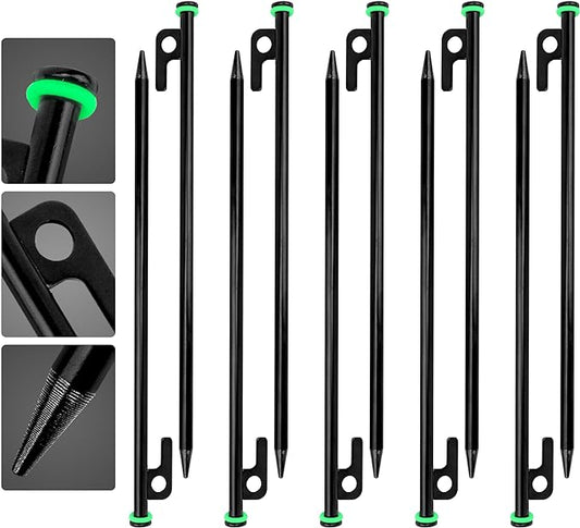 Pack 10 Tent Stakes Heavy Duty Metal, 12-inch Camping Stakes - Unbreakable Tent Pegs with Glow Ring for Enhanced Visibility, Durable Ground Stakes for Outdoor Adventures