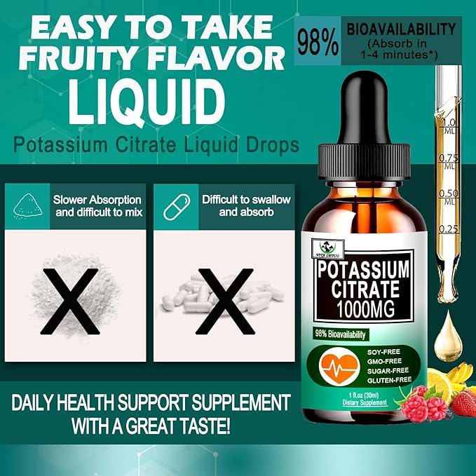 (2 Pack) Potassium Supplement Drops, Highly Absorbable Potassium Citrate 1000mg Support Electrolyte Balance,Muscle Cramp Relief,Heart Health,Sleep,Essential Mineral Liquid Drops for Women & Men