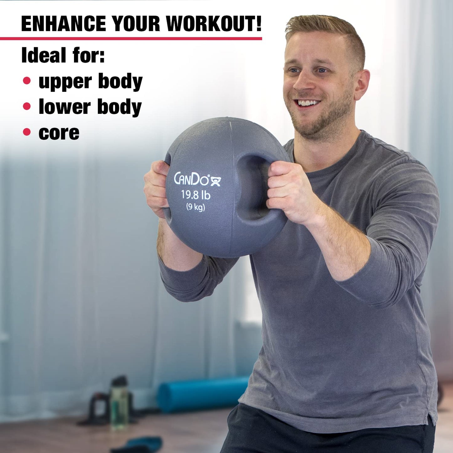 CanDo Molded Dual-Handle Medicine Ball for Strength Training, Core Workouts, Warmups, Cardio, and Plyometrics with Handles for Home and Clinic Use