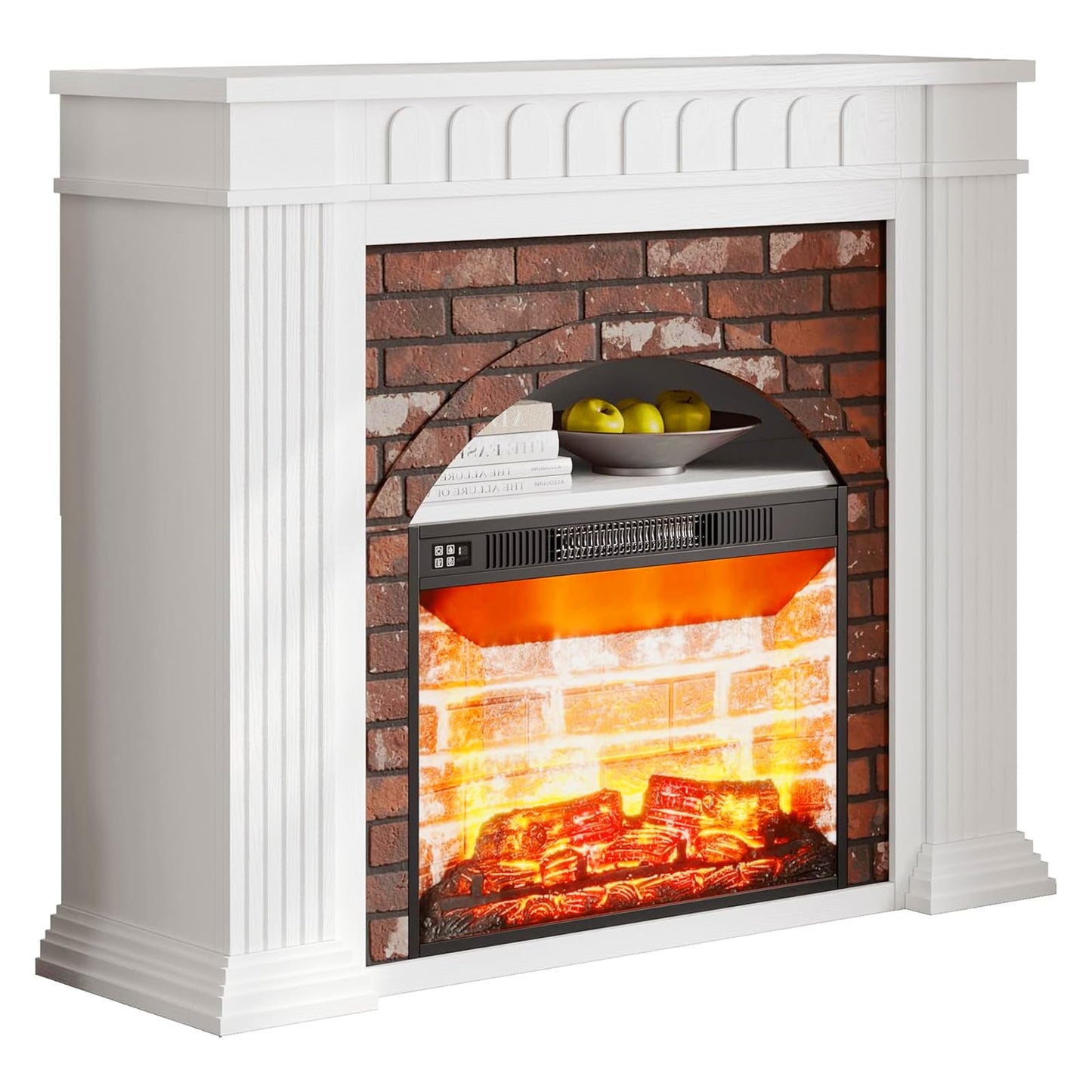 44" Electric Fireplace Mantel, TV Stand with Freestanding Electric Fireplace, Stacked Stone Surround Fireplace Heater with Remote Control, Adjustable 3D Flame Fireplace for Living Room Bedroom